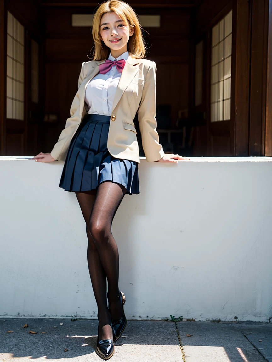 (1 lady), (Best quality at best:1.4), (ultra - detailed), (extremely detailed CG unified 16k), A Beautiful Woman with Perfect Figure: 1.4, Sharp Focus: 1.2, very detailed, High-definition RAW color photo, professional photoshooting, amazing face and eyes, cosmetics, (amazingly beautiful girl), ((jksatoko)), ((scho0l uniform, blue pleated skirt, white shirt, gray blazer, black pantyhose)), standing, sexyposture,outside oriental temple, tree, nature, (look from down), realistic cinematic face, head to feet long wide zoomed out view, full body long view, photorealistic, ((realistic natural blonde hair style, violet eyes, pure golden blonde yellow hair)), gorgeous, extremely beautiful face, perfect model beauty, pout mouth, Highly Detailed Face and Skin Texture, Detailed Eyes, Double Eyelids, Medium Natural Breasts, Smile, flirting smile, laughing hard, cleavages, western, (masterpiece), best quality, high resolution, extremely detailed, blurred background, depth of field, cinematic lighting, amazing legs, high heels, clear and well-cared skin, from behind, nice big ass