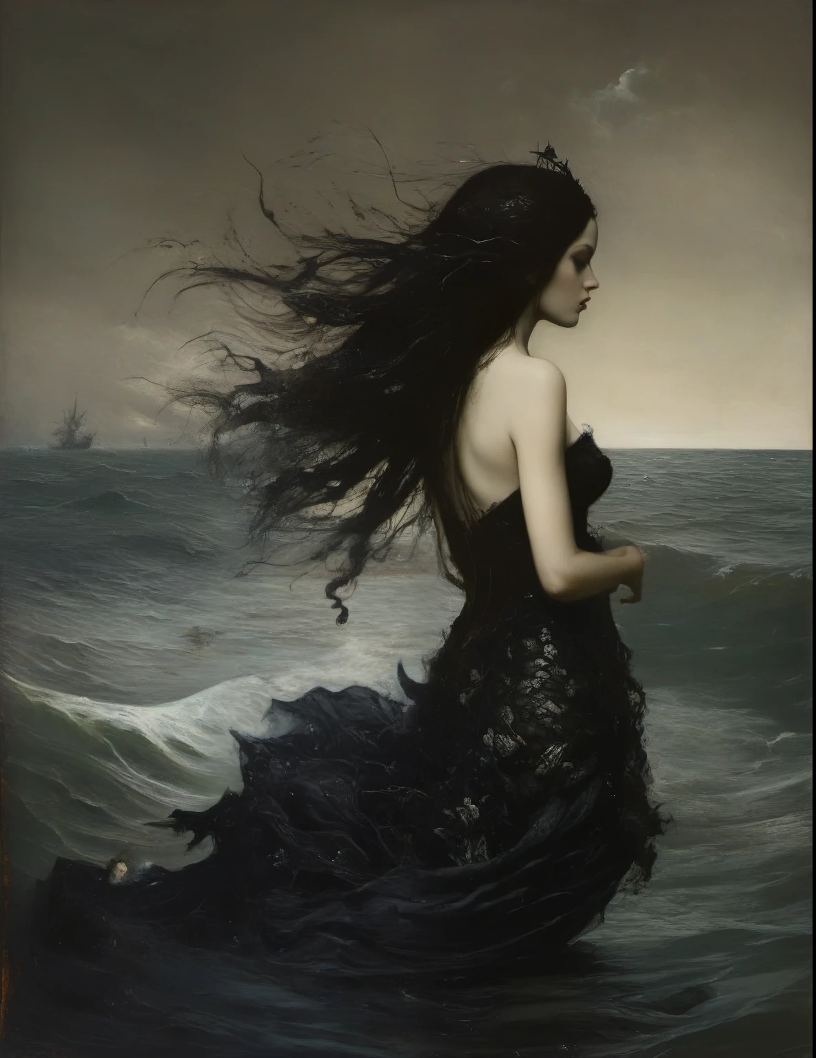 James Gurney, Surrealist art , dream-like, Mysterious, Provocative, symbolic, Complex, detailed,, (Gothic but very beautiful:1.4), (masterpiece, highest quality:1.4) , Nicola Samori Style, mermaid swimming in the sea
