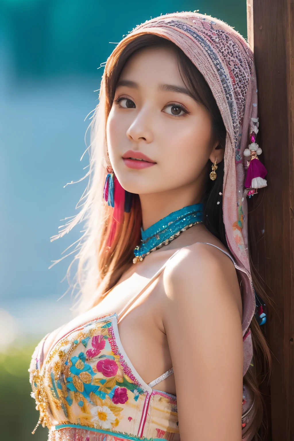 colorful, sky, flowers, magical, fantasy, tale, top-quality,Beautiful detailed hijabi,Bewitching face,tzuyu iu yooa ,long lashes,Wearing a colorful bellydancer,Detailed details,Colossal ,With cleavage, underboob, sideboob,stares at the camera, hogwarts