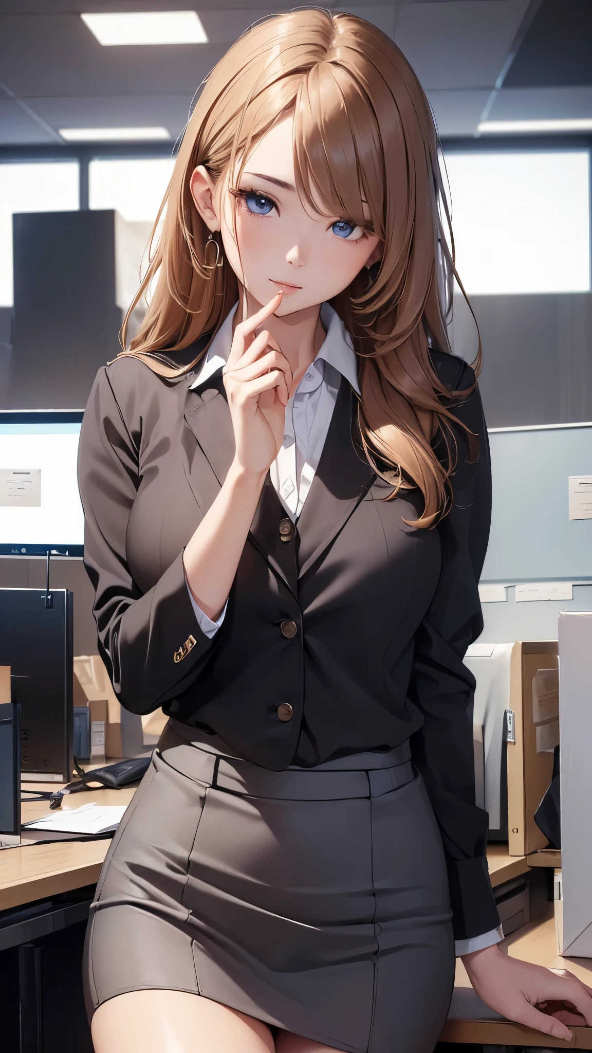(((masterpiece))),(((High resolution)))、(((8K quality)))、(((perfect face)))、(((Beautiful woman in office))), skirt, look at the camera, ((top quality eyes)), detailed face, (detailed texture), look at the camera
