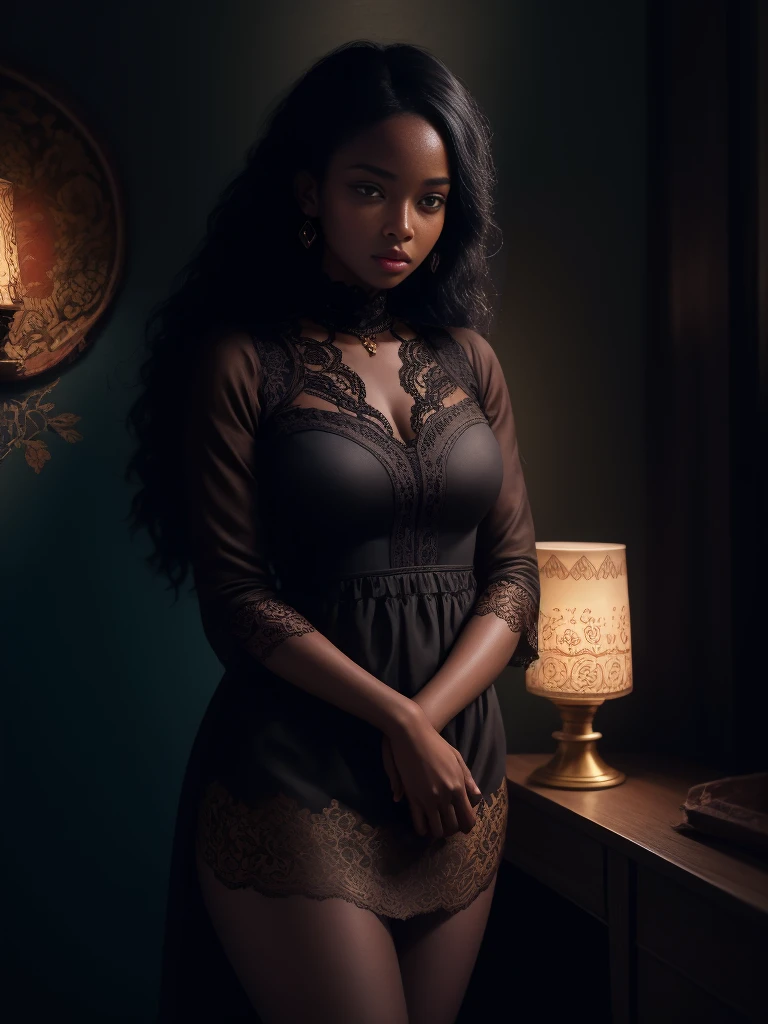 A brief moment of calm, beautiful black woman with cinnamon skintone, dark skin, neutral color lace clothing against the vibrant colors of a wall tapestry. Portrait shot with peach and cyan lighting , detailed intricate , in the style of James Jean and Thomas Kincaid , chiaroscuro, wabi sabi art style , obscura, beautiful, masterpiece, behance winning, oil painting, romanticism
