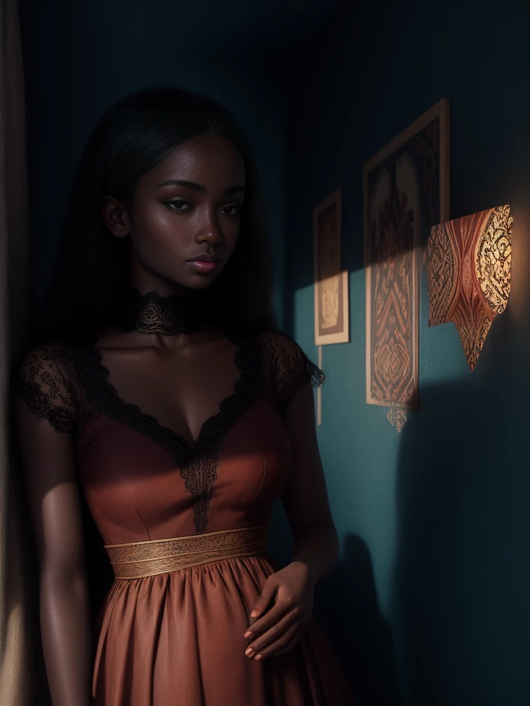 A brief moment of calm, beautiful black woman with cinnamon skintone, dark skin, neutral color lace clothing against the vibrant colors of a wall tapestry. Portrait shot with peach and cyan lighting , detailed intricate , in the style of James Jean and Thomas Kincaid , chiaroscuro, wabi sabi art style , obscura, beautiful, masterpiece, behance winning, oil painting, romanticism