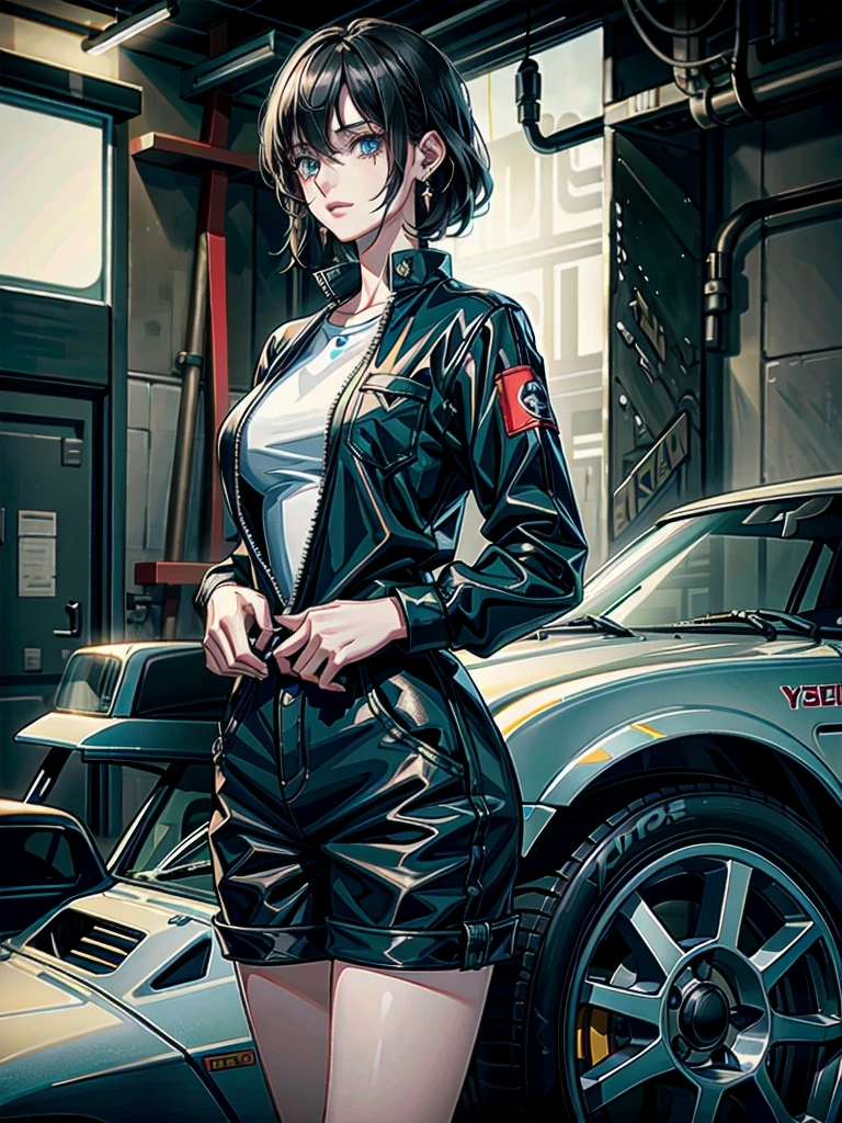 whole body, (mechanic's jumpsuit), absurdres, RAW photo, extremely delicate and beautiful, masterpiece, Best Quality, ultra high resolution, 32k, hyperrealistic, ultra-detailed, detailed description, pale skin, 20 years old, detailed beautiful face and eyes, tearful mole, earring, Colossal tits, short medium hair, wavy hair, shorts, long sleeve,