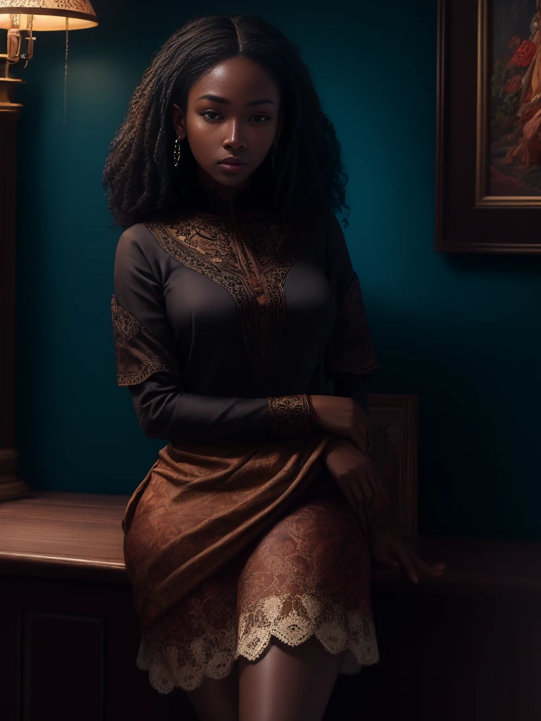 A brief moment of calm, beautiful black woman with cinnamon skintone, dark skin, neutral color lace clothing against the vibrant colors of a wall tapestry. Portrait shot with peach and cyan lighting , detailed intricate , in the style of James Jean and Thomas Kincaid , chiaroscuro, wabi sabi art style , obscura, beautiful, masterpiece, behance winning, oil painting, romanticism