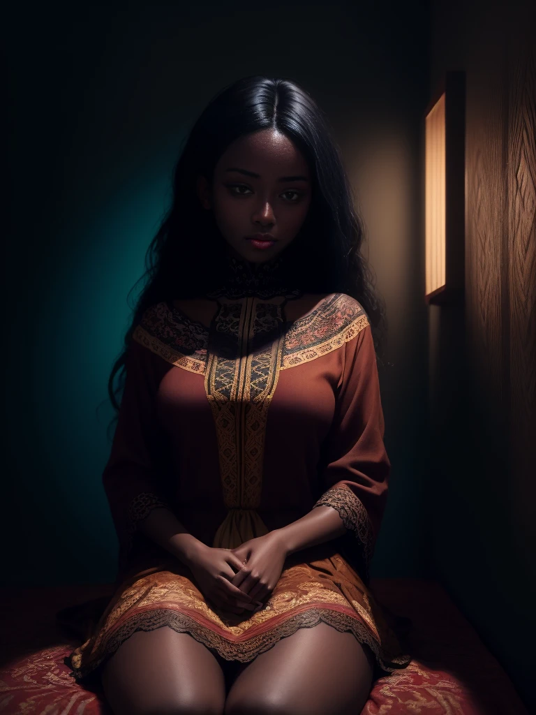 A brief moment of calm, beautiful black woman with cinnamon skintone, dark skin, neutral color lace clothing against the vibrant colors of a wall tapestry. Portrait shot with peach and cyan lighting , detailed intricate , in the style of James Jean and Thomas Kincaid , chiaroscuro, wabi sabi art style , obscura, beautiful, masterpiece, behance winning, oil painting, romanticism