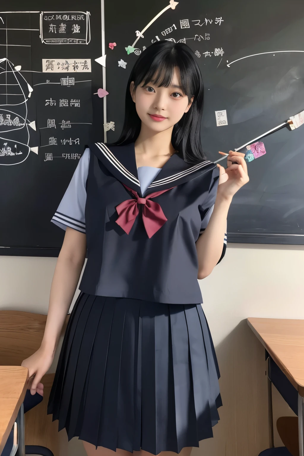 Masterpiece、highest quality、Woman 1、Super detailed　Black Hair、Straight Hair　Japanese school girl uniform、Sailor suit、Pleated skirt、Long skirt、show off nipple、【????? nipples】　classroom、blackboard