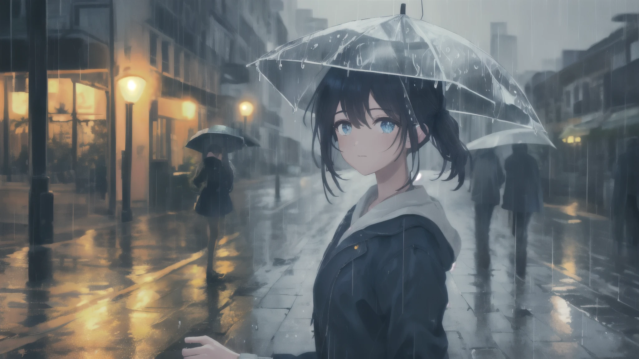 Phblue, Landscape, Street Light, Landscape, (Masterpiece,Best Quality:1.4), Blue Theme, Urban, Dusk, One Girl, Rain,Cowboy Shot, Close Up,