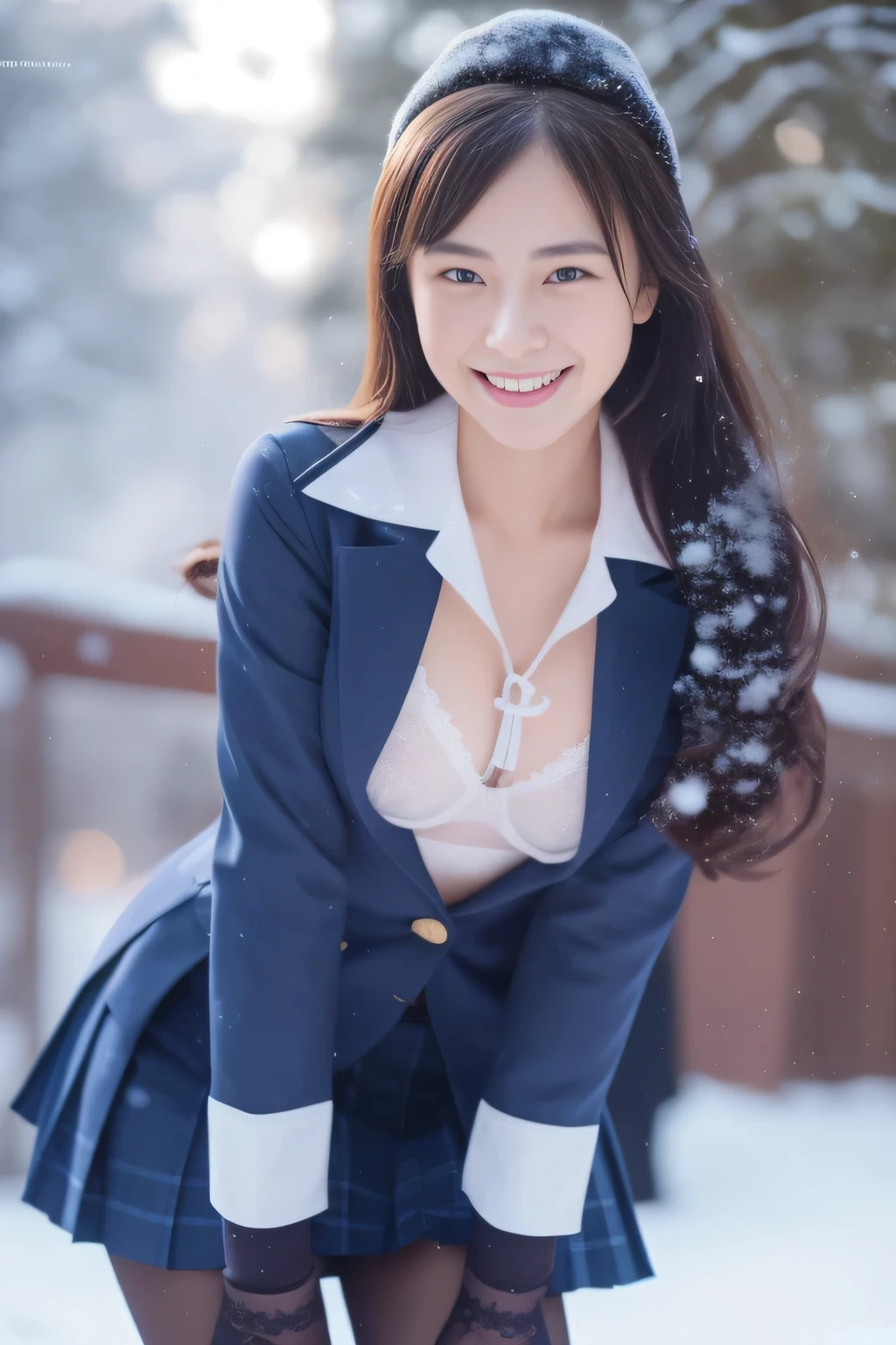 (RAW Photos:1.2), (Realistic:1.10),((One Girl)), Beautiful detailed girl, Very detailedな目と顔, Beautiful and detailed, Beautiful body, Incredibly beautiful body, Healthy Body, (Very detailedな, High resolution, Very detailed, highest quality), ((JK)), Raising awareness,glamorous, gloves,Eyes sparkling, Great smile, In detail, (masterpiece, H、Very detailed CG uniform 8k wallpaper), Light on the face, Natural light、Supermodel、18-year-old、Aura glow、School、((Dynamic pose:1.3))、winter、snow、(More than half:1.3)、(pantyhose)、Perfect aesthetics:1.10,gravure、