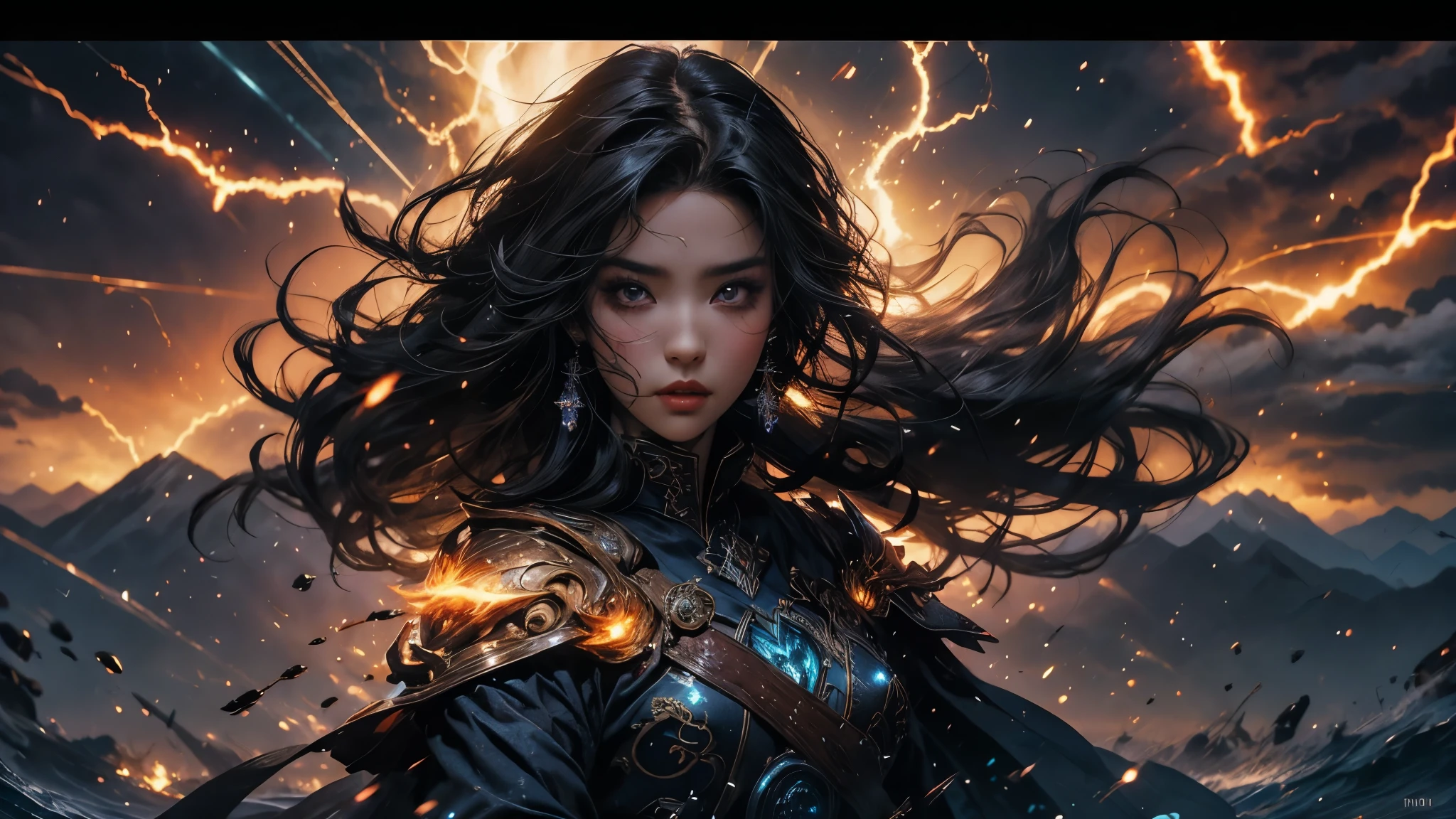 mujer hermosa, cabello negro soplando en el viento, ojos dorados, dressed as a warrior, Lightning bolts, ethereal, magic sparks, muchos movimientos, illustration, fuego. epic, ulta detailed, eyes detailes , ojod chispeantes, mirada firme, detallado, ojos detallados y chispeantes, vista de frente. vista mitad del cuerpo, llamas flameantes, adelante