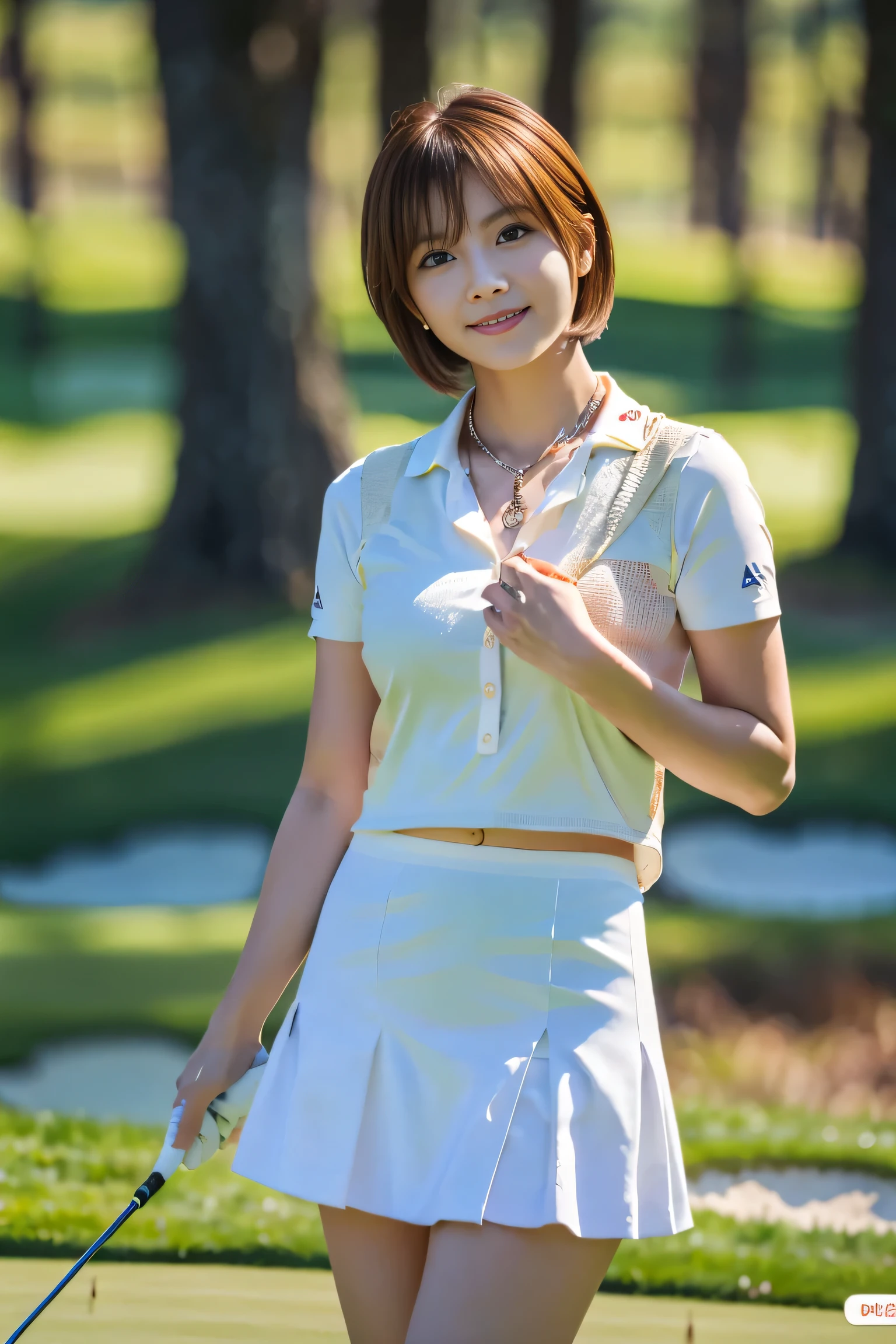 (1. Female), (The best quality at its best:1.4), (Super detailed), (Very detailed CG unified 16k), Beautiful woman with perfect figure: 1.4, Sharp focus: 1.2, Very detailed, High-quality RAW color photos, Professional photography, Great face and eyes, cosmetics, (Amazingly beautiful girl), ((Golf Wear, White mini skirt:1.5)), (Picking up the ball:1.5), Sexy posture,(Playing on the golf course:1.3), (View from below), Realistic movie faces, Wide zoomed out view of head to foot length, Full body long view, Realistic, ((Realistic natural orange red hairstyle, Realistic blue eyes)), ( Short Bob Hair:1.5), (necklace:1.5)、, Very beautiful face, Perfect model beauty, Mouth swelling, Highly detailed face and skin texture, Fine grain, double eyelid, Medium chest, smile, Crack, west, (masterpiece), highest quality, High resolution, Very detailed, Blurred Background, Depth of written boundary, Cinema Lighting, Great legs, , Clear, well-maintained skin, (((Women make up the majority of the photo)))
