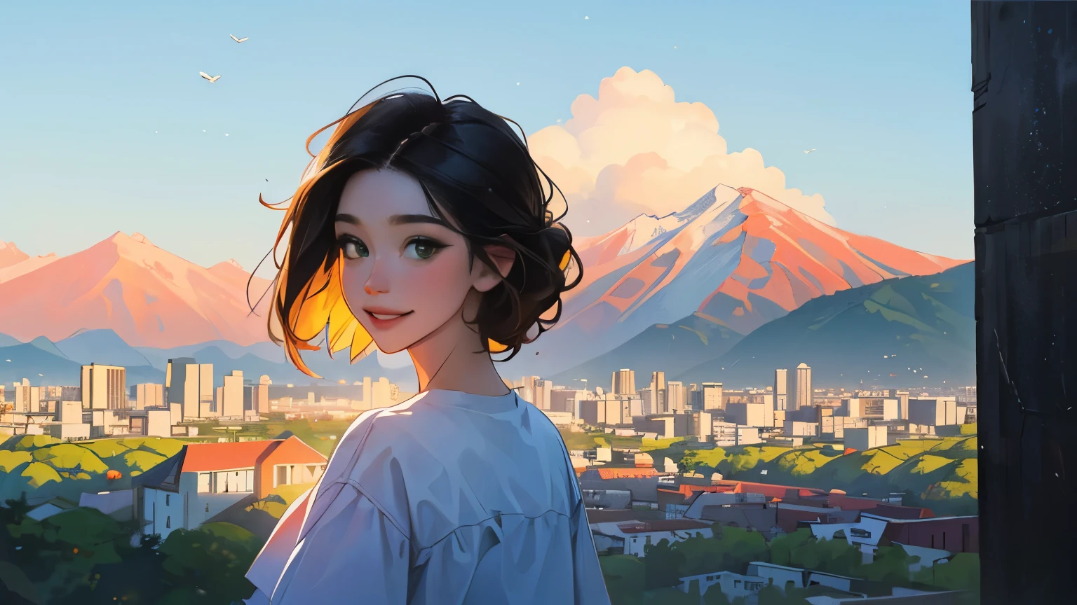 ((masterpiece)),(((bestquality))),((ultra-detailed)) realisticlying, 1 girl, Beautiful, black hair, happy, The sky morning, looking to viewer, soft green, city, mountain. sky blue.