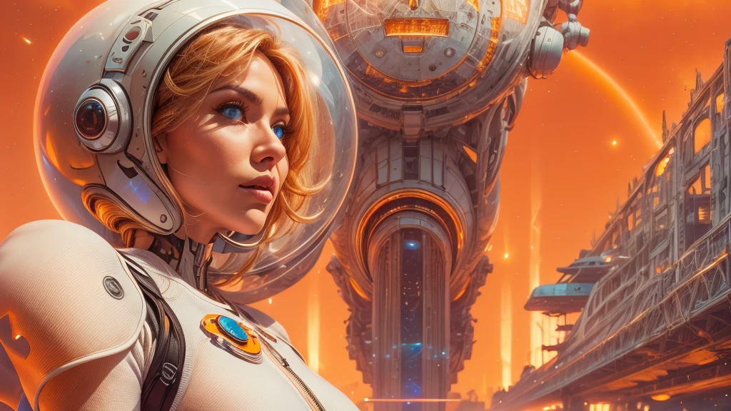 arafed image of a white woman in a futuristic suit with a spaceship in the background, movie art, in front of an orange background, inspired by Robert McGinnis, female protagonist, megastructure in the background, portrait of an ai astronaut, astronauts, an astronaut, portrait of a astronaut skeletor, perfect android girl, detailed eyes, perfectly detailed teeth, frank franzzeta and sakimichan  