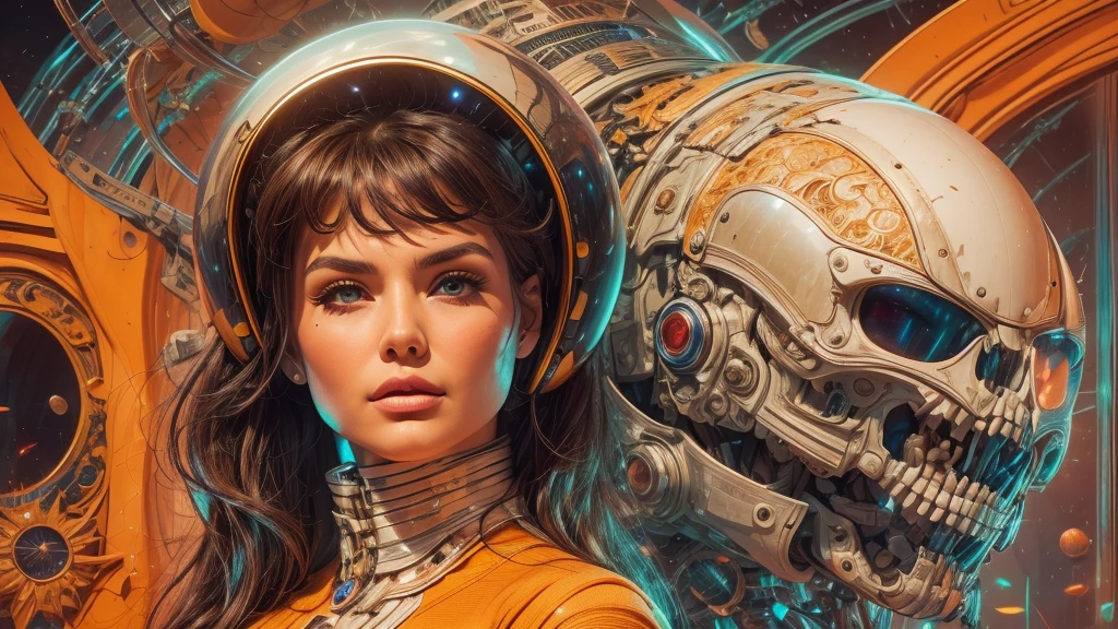 arafed image of a white woman in a futuristic suit with a spaceship in the background, movie art, in front of an orange background, inspired by Robert McGinnis, female protagonist, megastructure in the background, portrait of an ai astronaut, astronauts, an astronaut, portrait of a astronaut skeletor, perfect android girl, detailed eyes, perfectly detailed teeth, frank franzzeta and sakimichan  