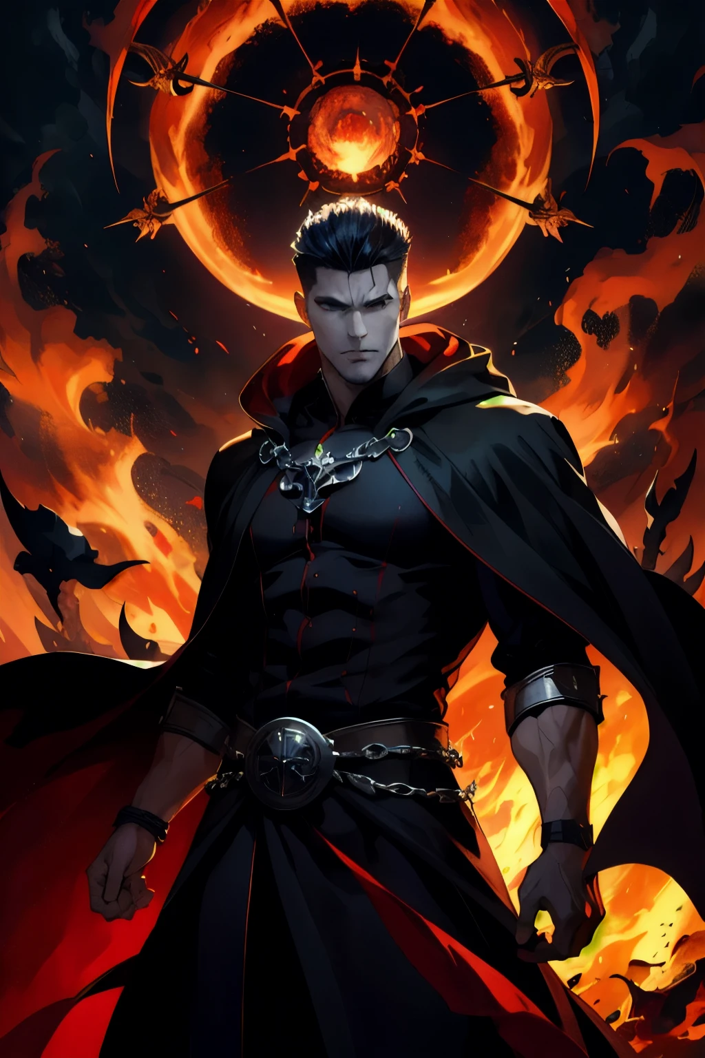 (absurdres, highres, ultra detailed), 1 male, mature, aged up, handsome, tall muscular guy, broad shoulders, very short hair, undercut, aquamarine eyes, finely detailed eyes and detailed face, extremely detailed CG unity 8k wallpaper, intricate details, (style-swirlmagic:0.8),   portrait,  looking at viewer, solo, (full body:0.6), dynamic pose, detailed background, madness in eyes, hovering in the air, necromancer, evil to the core,  red clouds, casting a spell, fireball, hooded dark robe, dark circlet, underworld,  warhammer theme, bringer of the false light,    dark clouds, floating pieces of dirt,   decadence, evil energy emanating,  dark aura, broken shackles,    , cowboy shot