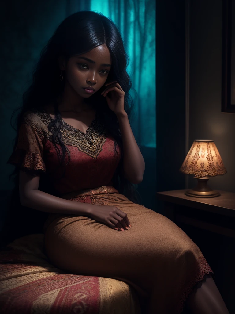 A brief moment of calm, beautiful black woman with cinnamon skintone, dark skin, neutral color lace clothing against the vibrant colors of a wall tapestry. Portrait shot with peach and cyan lighting , detailed intricate , in the style of James Jean and Thomas Kincaid , chiaroscuro, wabi sabi art style , obscura, beautiful, masterpiece, behance winning, oil painting, romanticism