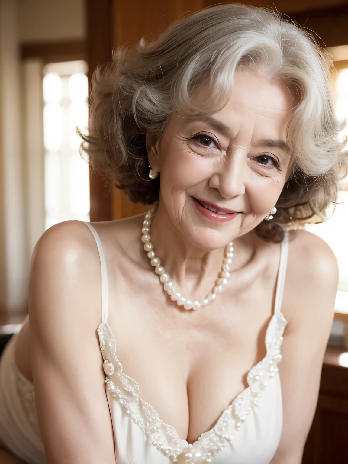Beautiful old woman, smile,sexy,80 years old, curly hair,sexy,wearing a pearl necklace,Beautiful older woman, cute,smile,sexy,80 years old,,sexy,wearing a pearl necklaceold woman,busty,Curly hair