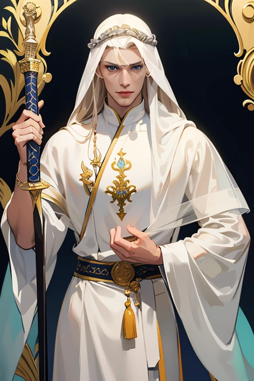 A tall, handsome, courageous, athletic young man, long hair, platinum blond with blue eyes, tanned skin, he has long straight platinum hair, he is dressed in the clothes of Arab sheikhs (white bisht, on his head he has a gutra and a yigal). A scabbard bolt is attached to his belt, and one hand rests on the hilt of a sword. Masterpiece, detailed study of the face, beautiful face, beautiful facial features, perfect image, realistic shots, detailed study of faces, full-length image, 8k, detailed image, extremely detailed illustration, a real masterpiece of the highest quality, with careful drawing.