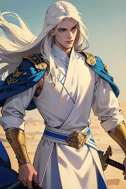 A tall, handsome, courageous, athletic young man, long hair, platinum blond with blue eyes, tanned skin, he has long straight platinum hair, he is dressed in the clothes of Arab sheikhs (white bisht, on his head he has a gutra and a yigal). A scabbard bolt is attached to his belt, and one hand rests on the hilt of a sword. Masterpiece, detailed study of the face, beautiful face, beautiful facial features, perfect image, realistic shots, detailed study of faces, full-length image, 8k, detailed image, extremely detailed illustration, a real masterpiece of the highest quality, with careful drawing.