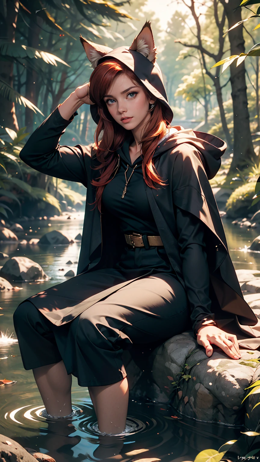 8k, highest quality, (Realistic:1.4), RAW Photos, One girl, Redhead, Animal ears, Blue hooded cape, Ears sticking out, Pause: Sitting on a rock in a forest river, Yellow Eyes, -