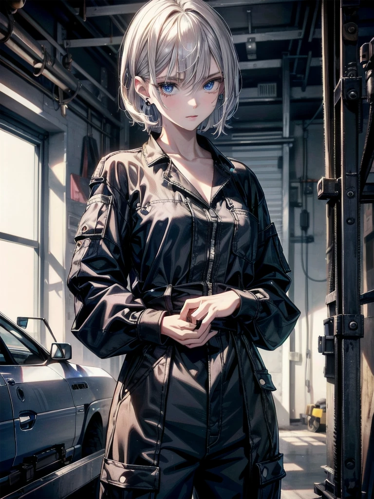 whole body, (mechanic's jumpsuit), absurdres, RAW photo, extremely delicate and beautiful, masterpiece, Best Quality, ultra high resolution, 32k, hyperrealistic, ultra-detailed, detailed description, pale skin, 20 years old, detailed beautiful face and eyes, tearful mole, earring, Colossal tits, short medium hair, wavy hair,