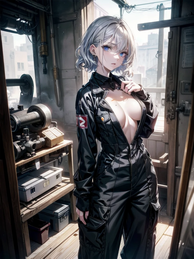 whole body, (mechanic's jumpsuit), absurdres, RAW photo, extremely delicate and beautiful, masterpiece, Best Quality, ultra high resolution, 32k, hyperrealistic, ultra-detailed, detailed description, pale skin, 20 years old, detailed beautiful face and eyes, tearful mole, earring, Colossal tits, short medium hair, wavy hair,