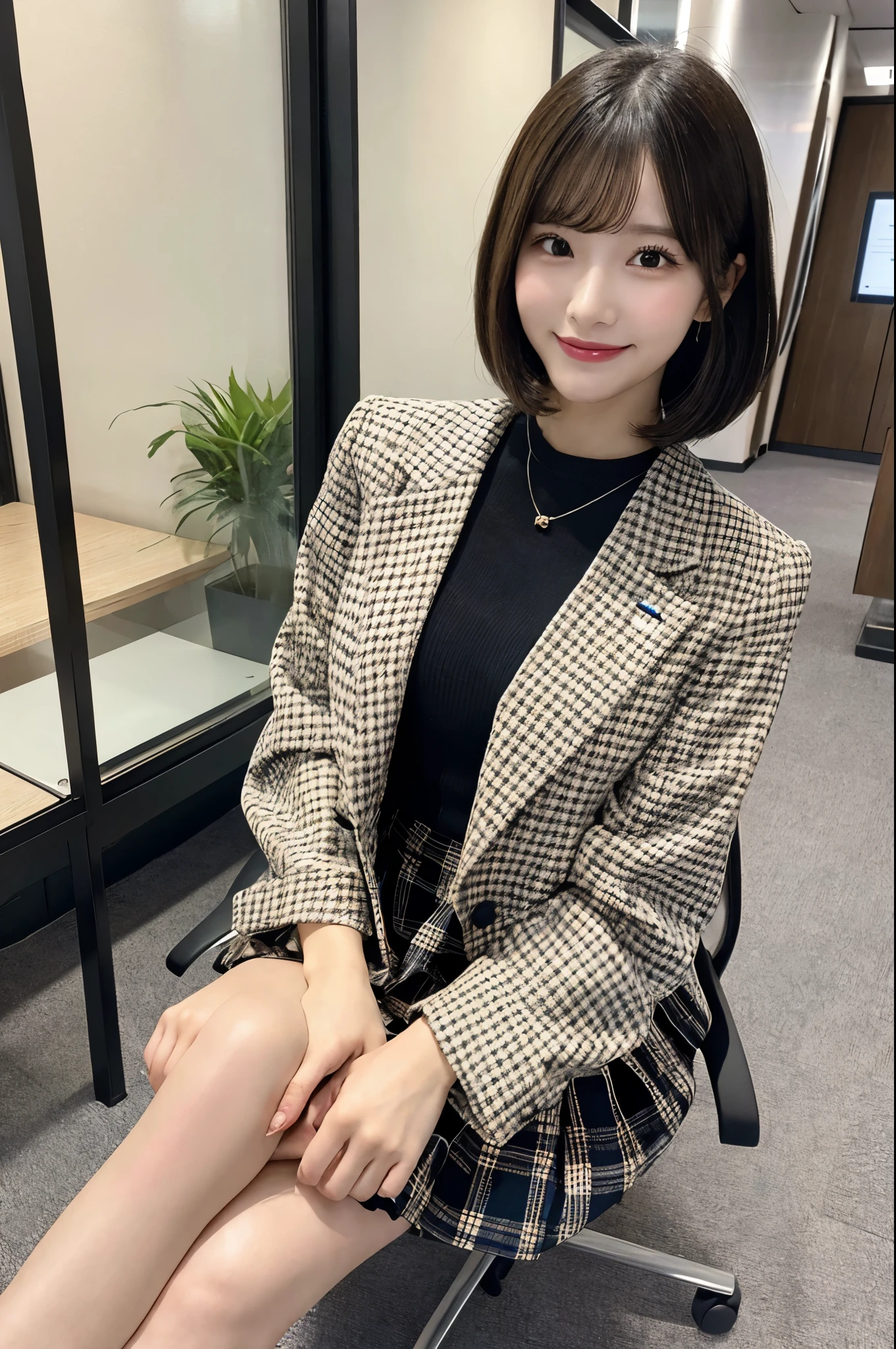 A begging woman、Very short hair、noon、window、Office chair、Meeting room background、Patterned jacket、Short skirt、beauty secretary、(Very large breasts、Very thin and long legs、Perfect figure、High heels、whole body、Big smile)、1 female、No makeup、17 years old、(masterpiece、8K,RAW Photos、High resolution:1.4)