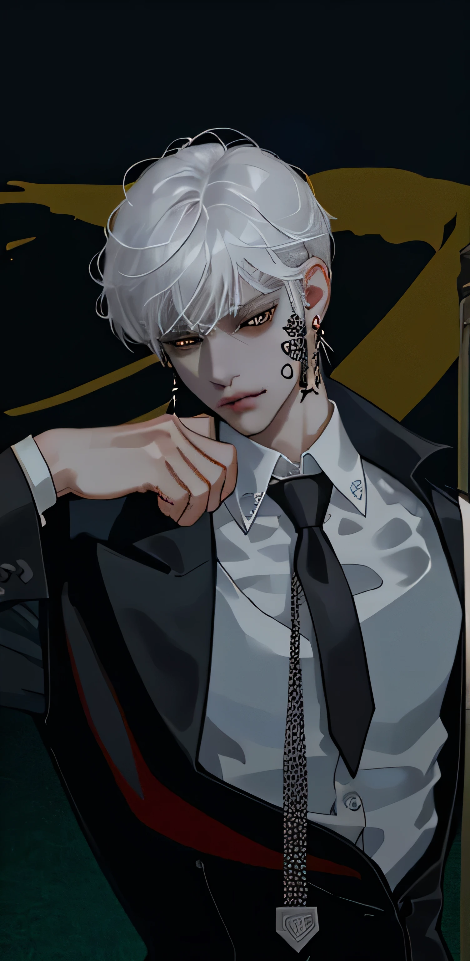 score_9, score_8_up, score_7_up, score_6_up, score_5_up, score_4_up, 1boy, solo, necktie, male focus, earrings, jewelry, shirt, tattoo, cross, neck tattoo, red necktie, looking at viewer, white shirt, vest, collared shirt, black vest, upper body, short hair, cross earrings, white hair, yellow eyes, red background, brown eyes, bangs, closed mouth, grey hair, black background 
