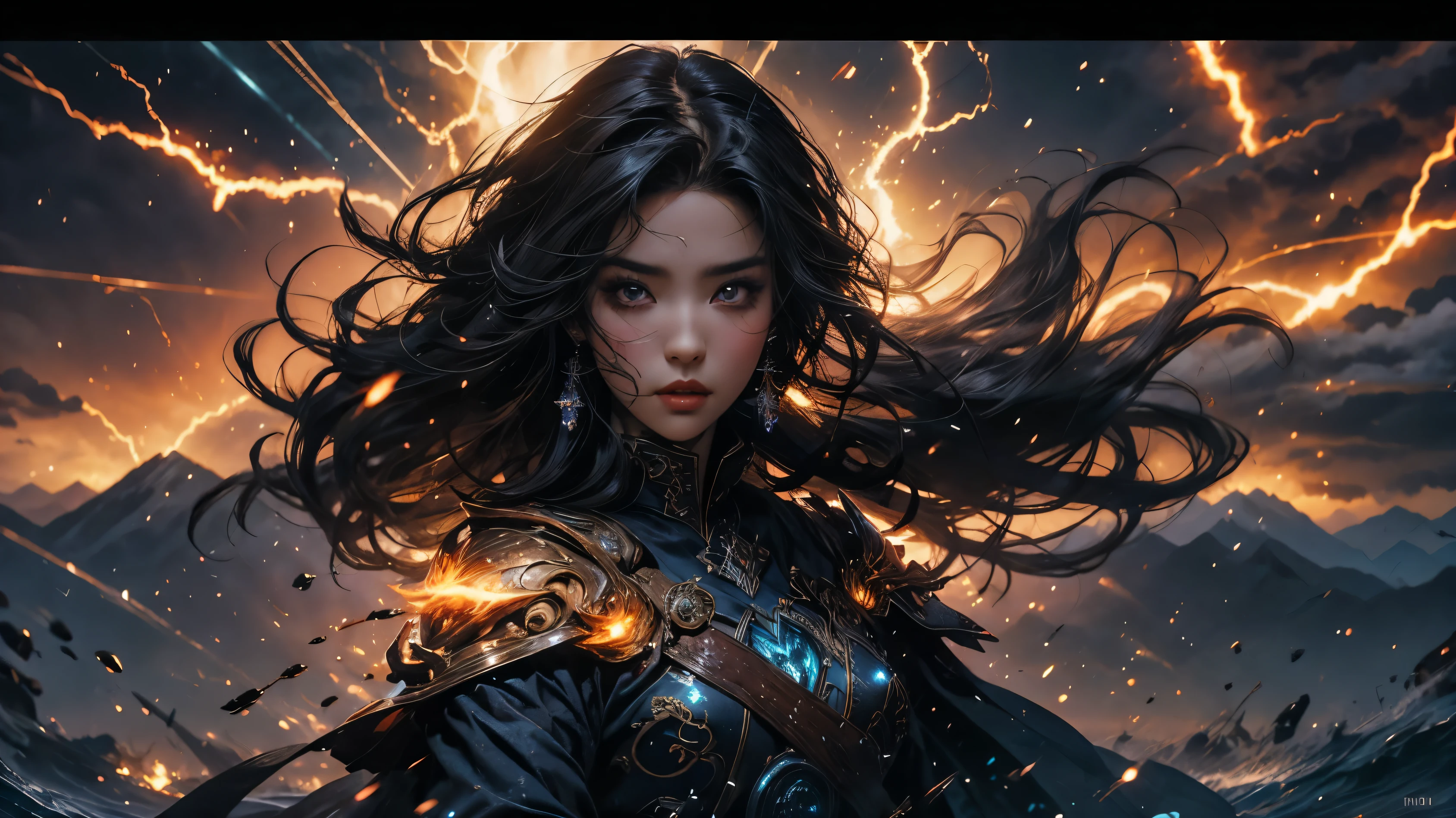 mujer hermosa, cabello negro soplando en el viento, ojos dorados, dressed as a warrior, Lightning bolts, ethereal, magic sparks, muchos movimientos, illustration, fuego. epic, ulta detailed, eyes detailes , ojod chispeantes, mirada firme, detallado, ojos detallados y chispeantes, vista de frente. vista mitad del cuerpo, llamas flameantes, adelante