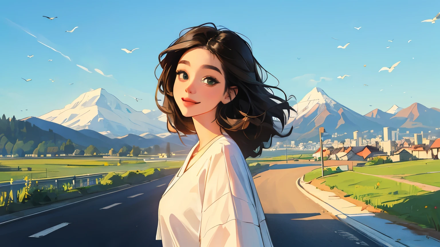 ((masterpiece)),(((bestquality))),((ultra-detailed)) realisticlying, 1 girl, Beautiful, black hair, happy, The sky morning, looking to viewer, soft green, city, road, mountain. sky blue.