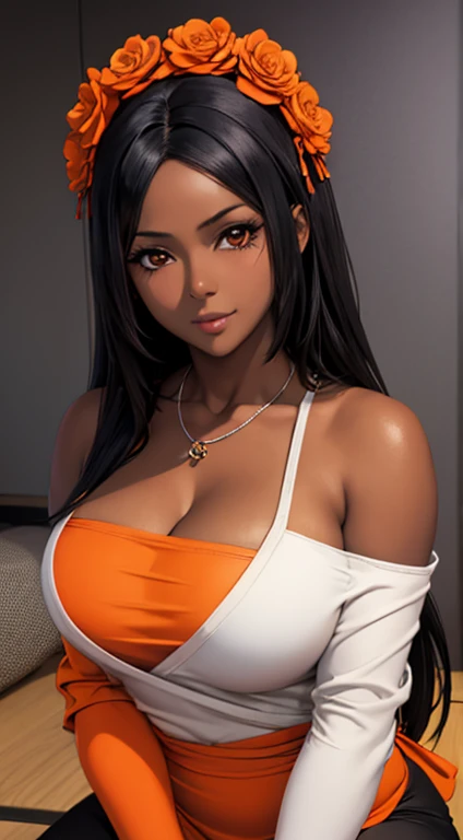 (masterpiece), best quality, expressive eyes, eyeglass, cute girl, perfect face, black ebony skin, half naked, large open neckline, white apron, orange color full sleeve clothes perfect shaped body,long hair, black hair, orange eyes, large breast, big breasts, black skin, ultra realistic detailed orange eyes, long and open hair, looking at camera, innocent eyes, innocent face, very cute anime girl face, black skin anime girl, cute smile on her face, flower necklace on her head, wearing flower bracelets on her hand, thigh legs