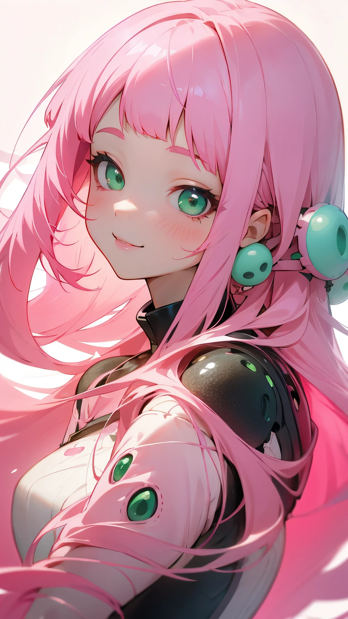 One Girl、single、alone、Background of Trypophobia、Pink Hair、Long Hair、bangs、Pink Hair、Straight hair、Green Eyes、Beautiful Eyes、Upper body close-up、Side body、smile