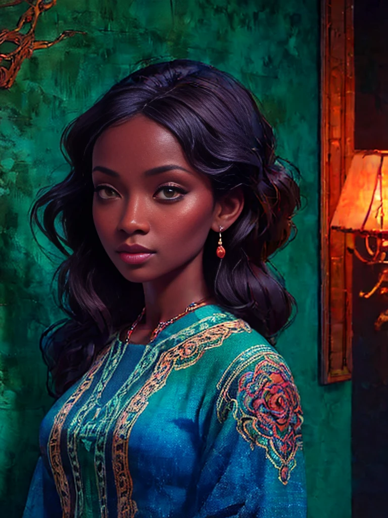 A brief moment of calm, beautiful black woman with cinnamon skintone, dark skin, neutral color lace clothing against the vibrant colors of a wall tapestry. Portrait shot with peach and cyan lighting , detailed intricate , in the style of James Jean and Thomas Kincaid , chiaroscuro, wabi sabi art style , obscura, beautiful, masterpiece, behance winning, oil painting, romanticism