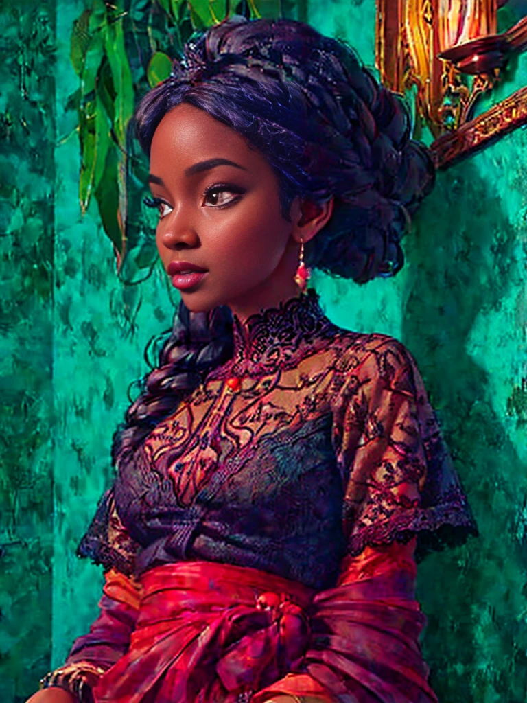 A brief moment of calm, beautiful black woman with cinnamon skintone, dark skin, neutral color lace clothing against the vibrant colors of a wall tapestry. Portrait shot with peach and cyan lighting , detailed intricate , in the style of James Jean and Thomas Kincaid , chiaroscuro, wabi sabi art style , obscura, beautiful, masterpiece, behance winning, oil painting, romanticism