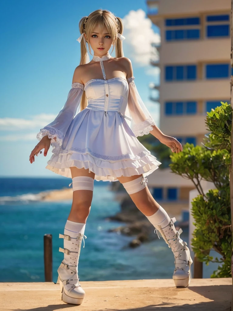 Marie Rose, light blue eyes, (best quality, ultra-detailed), (realistic:1.37), beautiful and detailed face, ultra-realistic texture, delicate face, delicate body, red lipstick, bright colors. High definition, 8k. athletic body