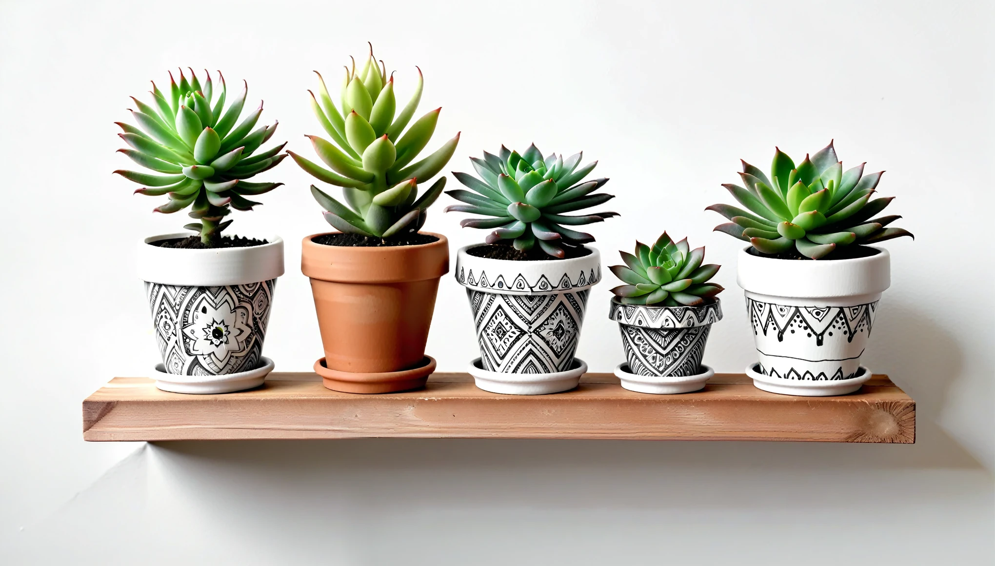 boho design, three drawn with black ink, three small terra cotta pots with watercolor painted succulents growing out of them, the background is in different shades of white except for the wooden shelf the planters sit on