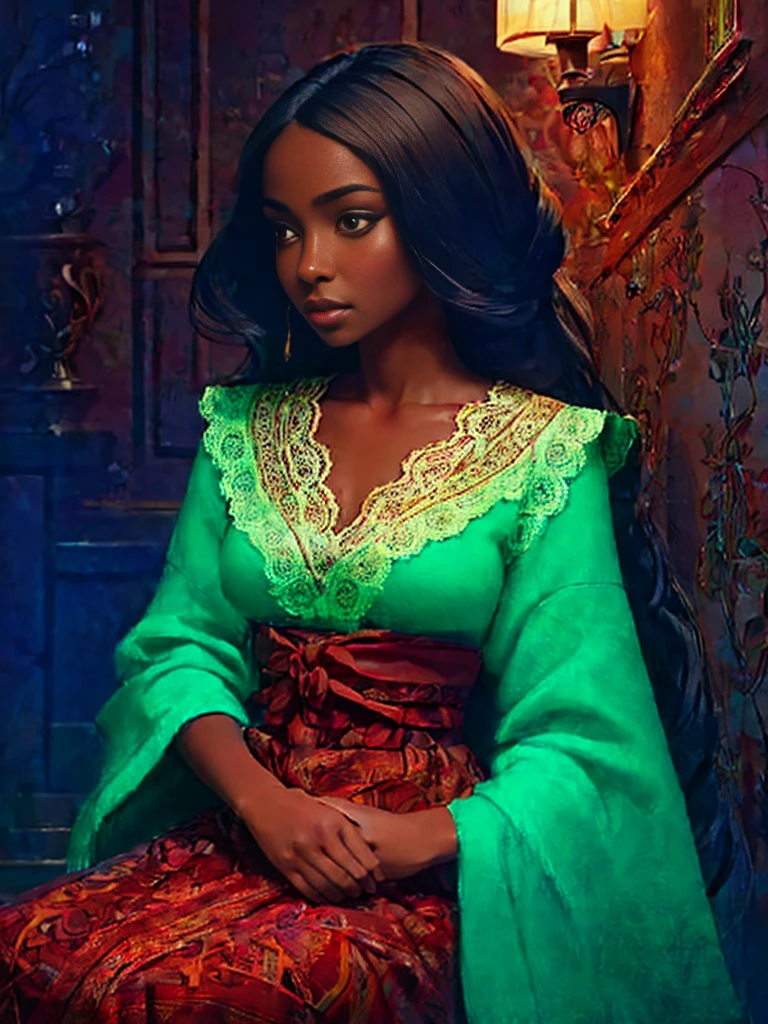 A brief moment of calm, beautiful black woman with cinnamon skintone, dark skin, neutral color lace clothing against the vibrant colors of a wall tapestry. Portrait shot with peach and cyan lighting , detailed intricate , in the style of James Jean and Thomas Kincaid , chiaroscuro, wabi sabi art style , obscura, beautiful, masterpiece, behance winning, oil painting, romanticism