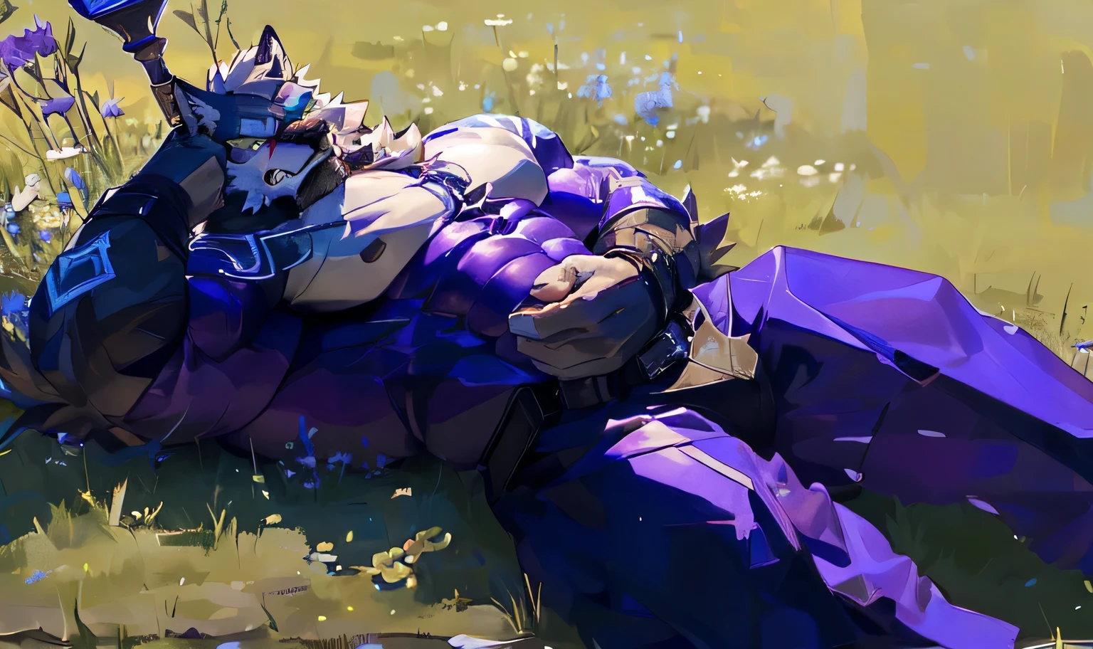 A big gray Wolf furry,He was extremely muscular, with huge pectorals, strong abs, and strong arms，HHe was wearing a ripped dark-purple high-tech leotard，His combat uniform was badly damaged, exposing half of his body，He was weak and lay feebly on the grass，He covered his stomach with one hand and supported the floor with the other, his eyes looking at the wound in his abdomen，He was angry, but powerless，Middle-aged man，He wore a purple flail