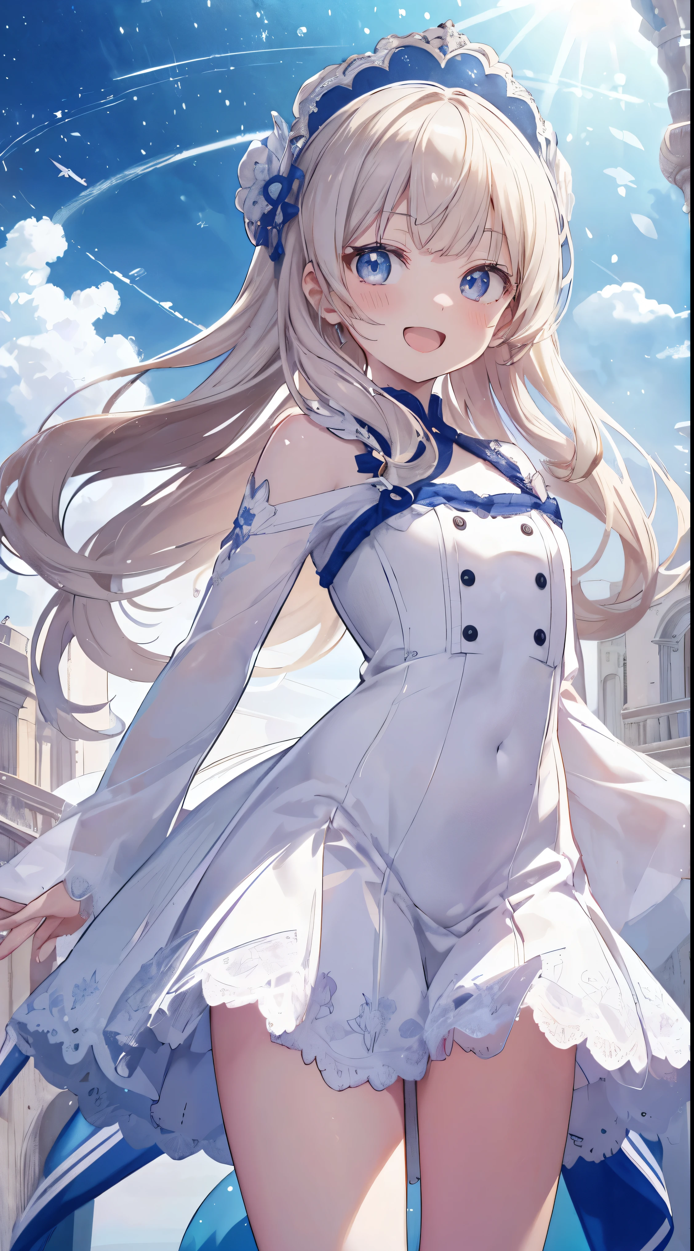 Masterpiece、Highest quality、highest quality、(Open Mouth Smile)、Shiny hair quality、Small face、Dynamic pose、Super detailed, beautiful, wide eyes、Ultra-detailed, clear and beautiful faces、(cute illustration:1.2), High-resolution, ultra-detailed, best quality, embarrassed、Thighs