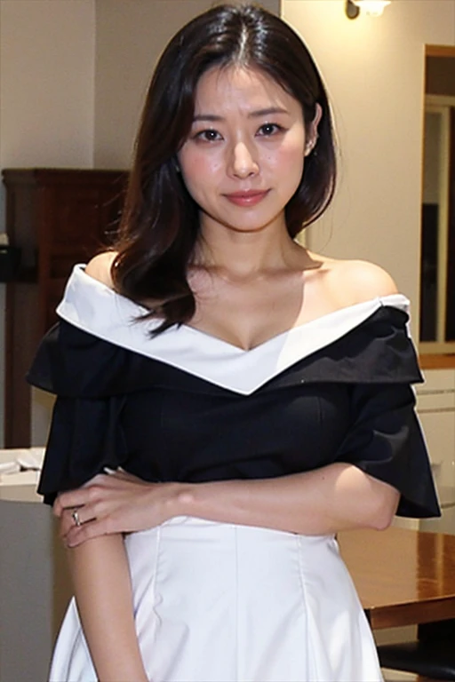 ((highest quality、8k、masterpiece:1.3))、Photorealistic, Sharp focus, high resolution, High resolution,Portraiture, one person、Japanese、woman, beautiful woman, (((black　Off the shoulder　 dress)))、30 years old, Plump, Medium Long Hair,smile