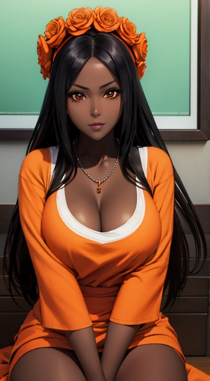 (masterpiece), best quality, expressive eyes, eyeglass, cute girl, perfect face, black ebony skin, half naked, large open neckline, white apron, orange color full sleeve clothes , eyeglasss, perfect shaped body,long hair, black hair, orange eyes, large breast, big breasts, black skin, ultra realistic detailed orange eyes, long and open hair, looking at camera, innocent eyes, innocent face, very cute anime girl face, black skin anime girl, cute smile on her face, flower necklace on her head, wearing flower bracelets on her hand, thigh legs