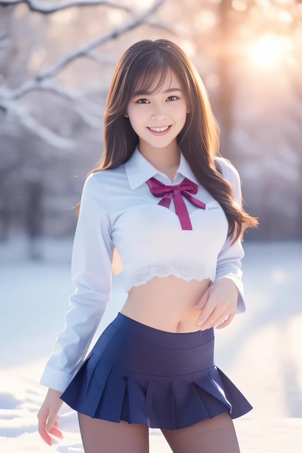 (RAW Photos:1.2), (Realistic:1.7),((One Girl))、 Beautiful detailed girl, Very detailedな目と顔, Beautiful and fine skin, (Beautiful body, Incredibly beautiful body:1.5, Healthy Body), (Very detailedな, High resolution, Very detailed, highest quality), ((ＪＫ)), Raising awareness,CG, Unity,Sparkle in the eyes, Great smile, In detail, (masterpiece, H、Very detailed CG uniform 8k wallpaper), Light on the face, Sunlight、Captivating Hips、18-year-old、bra、School Area、((Dynamic pose))、winter、snow、(More than half:1.3)、(pantyhose)、Perfect aesthetics:1.10,
