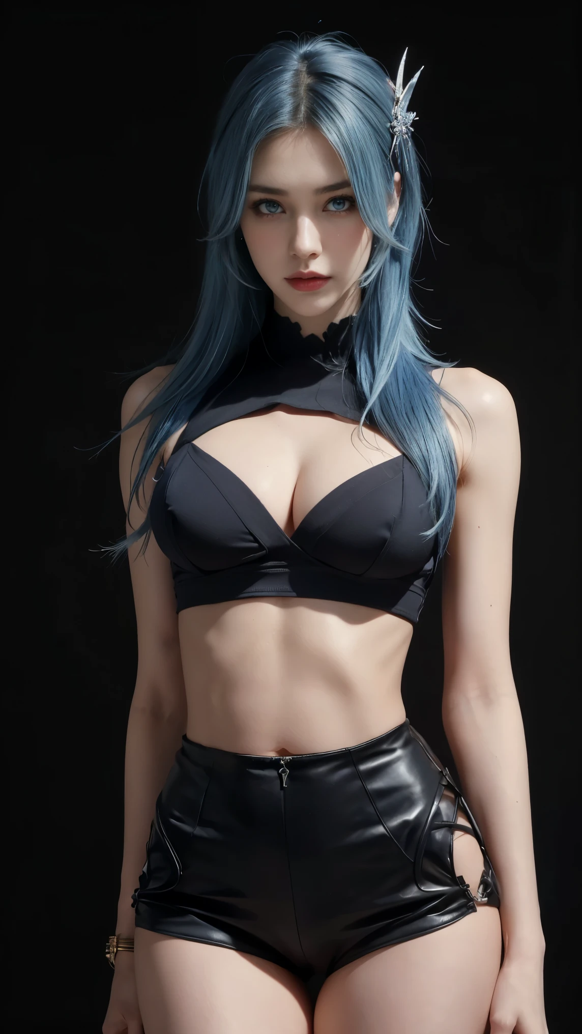 8K, Top Quality, Intricate Details, Ultra Detail, Ultra High Resolution, Masterpiece, close up shot, (full body: 1.1), Slender, Smile, (Makeup: 0.4), (Fluffy  Eyes: 1.21), (()), 1girl, solo, 1 girl, ((blue hair, blue eyes, hair over one eyes, , long hair, hair ornament)), close up shot, , ((tall)), (((fit body))), (((slim face))), sharp face, (( crop top, hot pants,))  (detailed face), sharp face, small lips, , , , 
 ((,  )), , ((,)), detailed face, detailed breast, , ((large breast, huge breast)), detail ass, Narrow Waist, Skinny, tall , 175 cm tall, Muscular, Navel, Exposed Abdomen, Pointed Chest,, Beautiful girl with accentuated slender abs: 1.4, Six Pack Abs: 1.4, Bust Botox, Big, Perfect Body, detail leg, (( dark background)), black background,