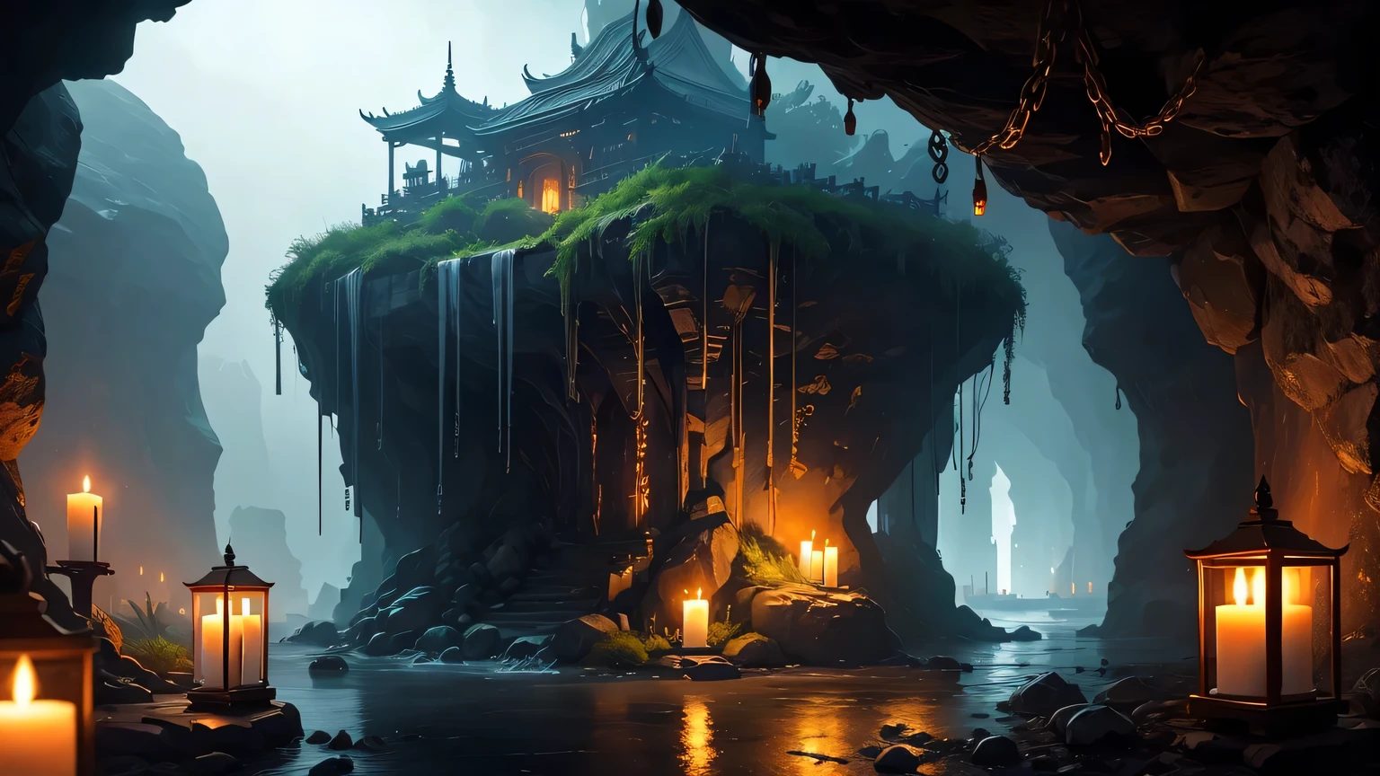 Cave,Dungeon,gloomy,,captivity,Wet,architecture,China,antiquity,black,blue,candlelight,Chain