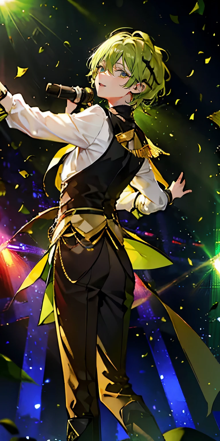 (Mastepiece), (Best Quality), Very detailed, ((1 boy)), Perfect Face, Beautiful Face, Very detailedな顔,((Yellow-green hair_short hair_Yellow-green eyes:1.3)),Male solo idol、Gorgeous idol costumes、Cape、boots、(pants:1.2)、(Hold the microphone)、stage、Concert Dome、Lots of confetti、(smile:1.4)、(Open your mouth wide)、sing、dance、Wink、Laser light、Spotlight