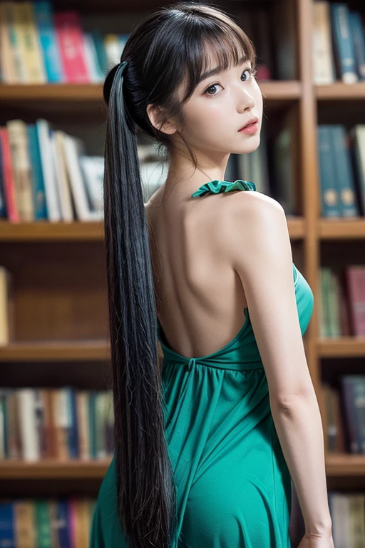 highest quality、8K、Super detailed, 1 girl、Buckshot、(from behind:1.8), (Gazing-into-the-Distance:1.3), Are standing、Blunt Bangs、Long Hair、Twin tails、Green Hair、dress、Frills、indoor、Book shelf、Book、scroll、Blurred Background、Book shelfのBookを取っている、Stretching back、Angle from below、(from below:1.3),(looking down, watching at Viewer:1.3)