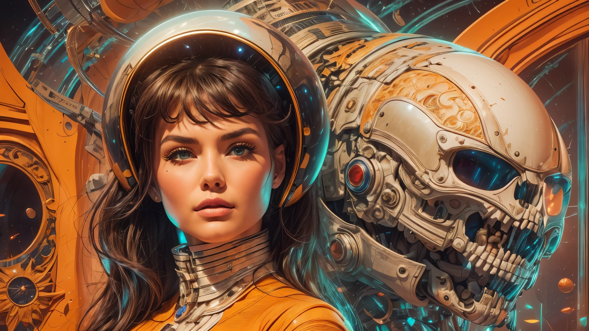 arafed image of a white woman in a futuristic suit with a spaceship in the background, movie art, in front of an orange background, inspired by Robert McGinnis, female protagonist, megastructure in the background, portrait of an ai astronaut, astronauts, an astronaut, portrait of a astronaut skeletor, perfect android girl, detailed eyes, perfectly detailed teeth, frank franzzeta and sakimichan  