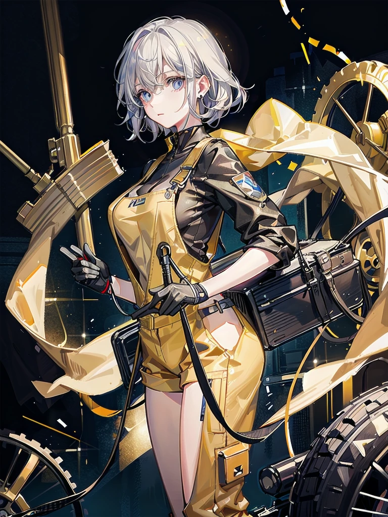 whole body, (mechanic's jumpsuit), absurdres, RAW photo, extremely delicate and beautiful, masterpiece, Best Quality, ultra high resolution, 32k, hyperrealistic, ultra-detailed, detailed description, pale skin, 20 years old, detailed beautiful face and eyes, tearful mole, earring, Colossal tits, short medium hair, wavy hair,