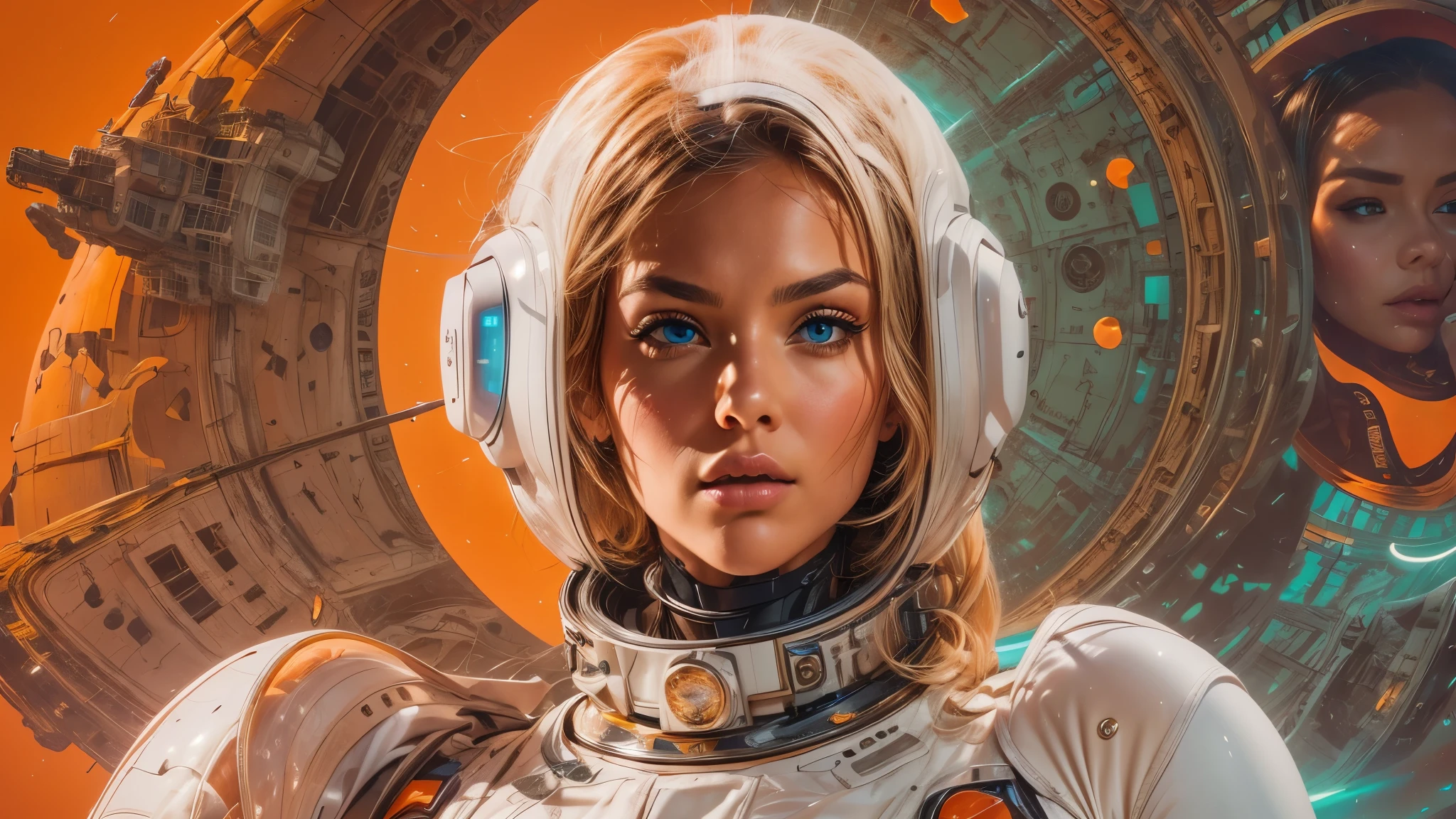 arafed image of a white woman in a futuristic suit with a spaceship in the background, movie art, in front of an orange background, inspired by Robert McGinnis, female protagonist, megastructure in the background, portrait of an ai astronaut, astronauts, an astronaut, portrait of a astronaut skeletor, perfect android girl, detailed eyes, perfectly detailed teeth, frank franzzeta and sakimichan  