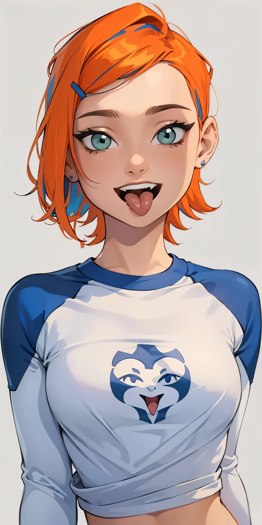 (masterpiece, best quality), 1girl, beautiful face, gwendolyn_tennyson, breasts, (1girl, solo:1.3),, blank background,, nude, medium shot, upper body, detailed face,smile, open mouth, long sleeves, raglan sleeves, ,multicolored shirt, tongue out, graphic shirt, 