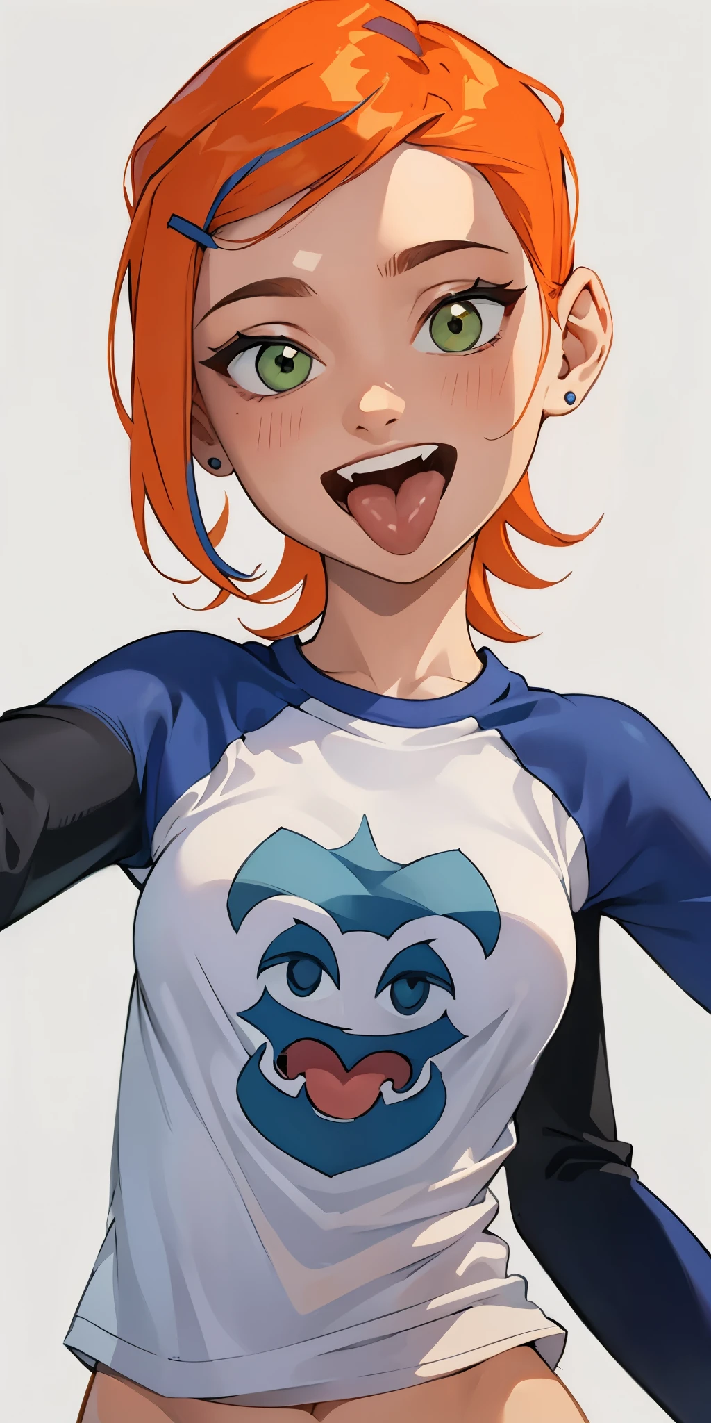 (masterpiece, best quality), 1girl, beautiful face, gwendolyn_tennyson, breasts, (1girl, solo:1.3),, blank background,, nude, medium shot, upper body, detailed face,smile, open mouth, long sleeves, raglan sleeves, ,multicolored shirt, tongue out, graphic shirt, 